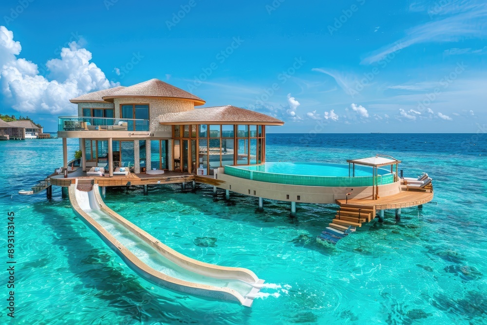 Luxurious villa with a private pool and a slide leading directly into the crystal-clear ocean, offering a perfect tropical getaway experience Luxurious villa with a private pool and a slide leading directly into the crystal-clear ocean, offering a perfect tropical getaway experience