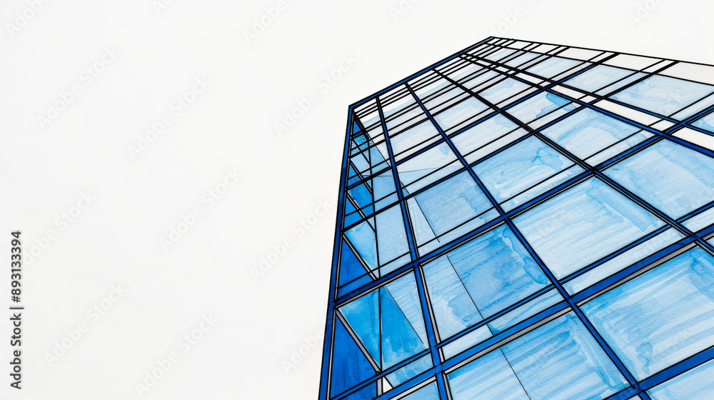 Obraz premium Ink sketch watercolor illustration of a sleek skyscraper with large glass windows and modern architectural elements on a white background 