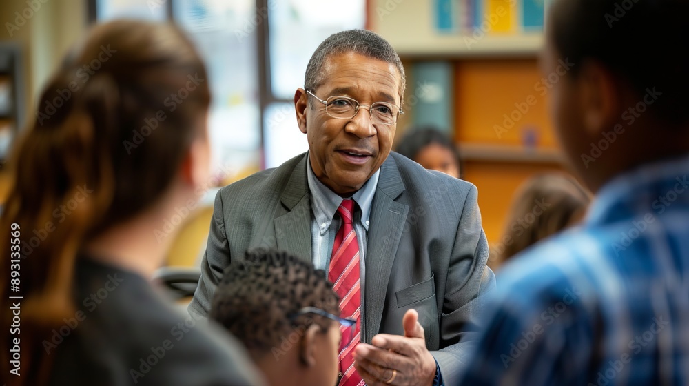 A principal talking to students with a school office background during the afternoon with soft lighting, close-up shot A principal talking to students with a school office background during the afternoon with soft lighting, close-up shot