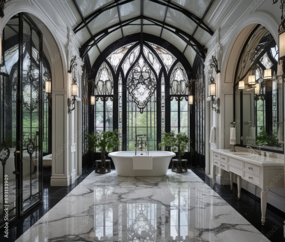 Fototapeta premium Refined Opulence Lush Details and Iron Frame Craftsmanship in a Modern Gothic Bath.jpeg