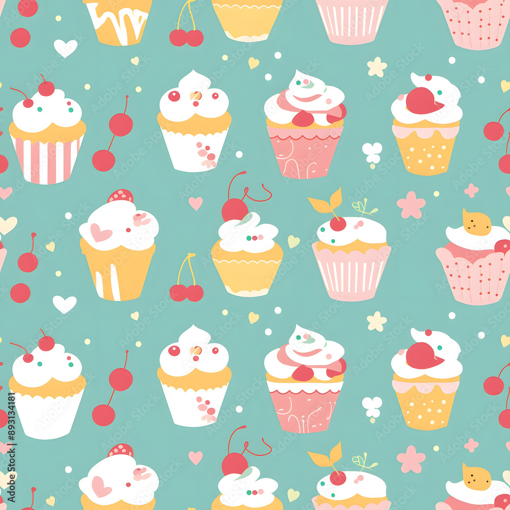 Cute cupcakes and cherries seamless pattern background. Cute cupcakes and cherries seamless pattern background.