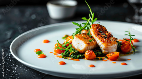 Fototapeta Naklejka Na Ścianę i Meble -  Gourmet dinner plate with elegant presentation, vibrant colors, high detail, realistic,