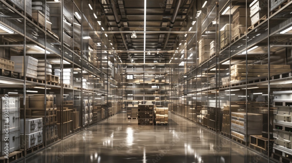 Industrial warehouse with goods stored in transparent containers Industrial warehouse with goods stored in transparent containers