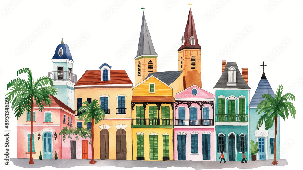 Fototapeta premium Watercolor depiction of the French Quarter in New Orleans vibrant and historic isolated on white 