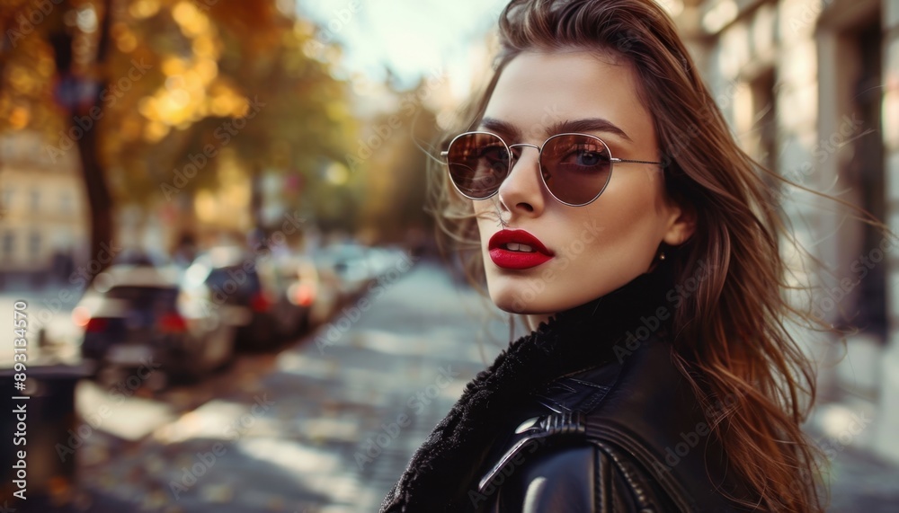 Woman Wearing Sunglasses in City Street on Autumn Day Woman Wearing Sunglasses in City Street on Autumn Day