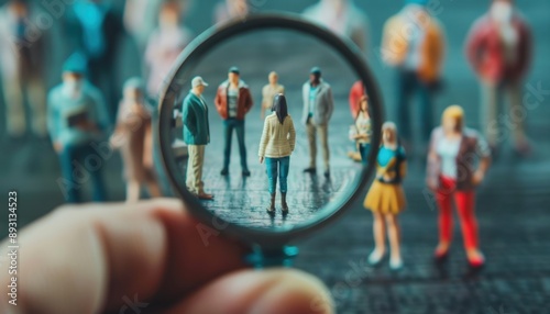 A Magnifying Glass Focuses On A Single Woman In A Crowd Of Miniature Figures