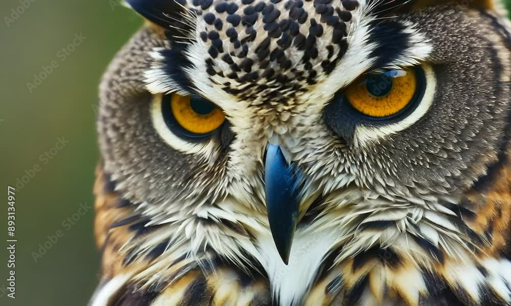 A close up of an owl's face with a yellow eye. The owl's face is brown ...
