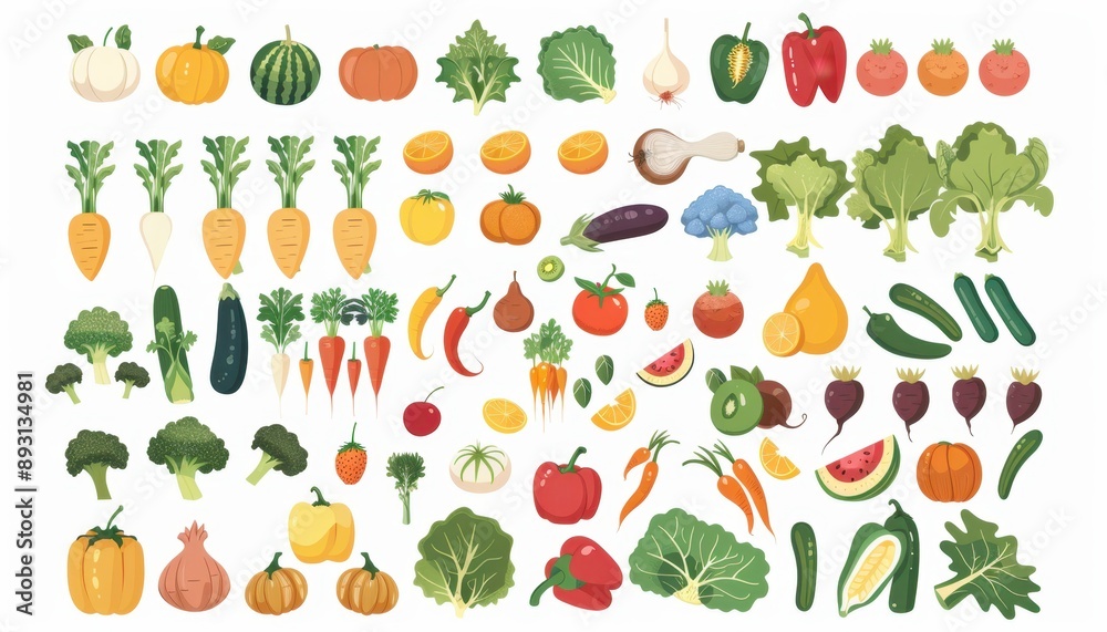 Colorful Cartoon Vegetables and Fruits Isolated on White Background Colorful Cartoon Vegetables and Fruits Isolated on White Background