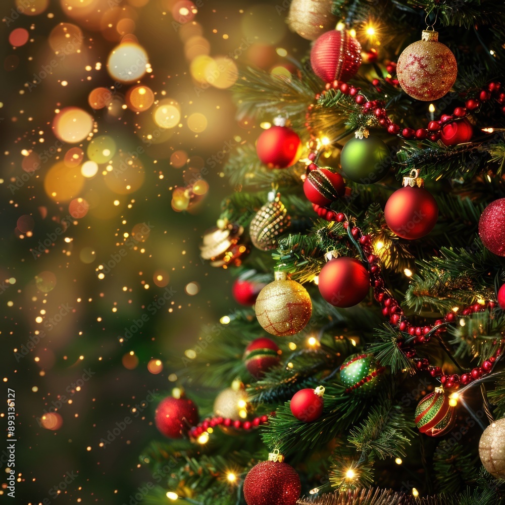Festive Christmas Tree with Red and Gold Ornaments Festive Christmas Tree with Red and Gold Ornaments