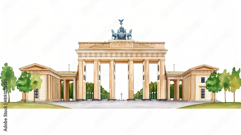 Fototapeta premium Watercolor drawing of the Brandenburg Gate in Berlin neoclassical architecture isolated on white 