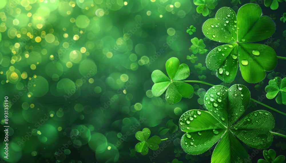 Green Shamrock Leaves With Dew Drops and Bokeh Background Green Shamrock Leaves With Dew Drops and Bokeh Background