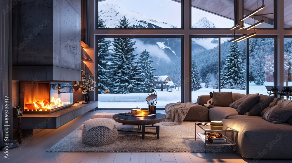 Cozy modern winter living room interior with a modern fireplace in a chalet Cozy modern winter living room interior with a modern fireplace in a chalet