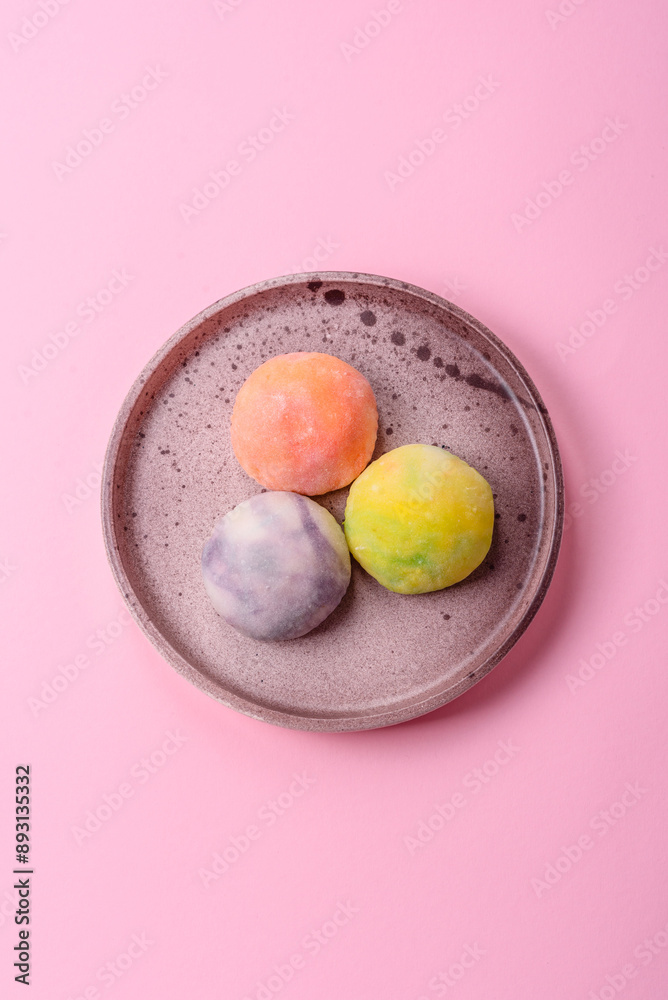 Delicious sweet chilled mochi desserts with fruit filling Delicious sweet chilled mochi desserts with fruit filling