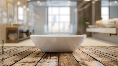 Blurred bathroom background with wooden plank surface