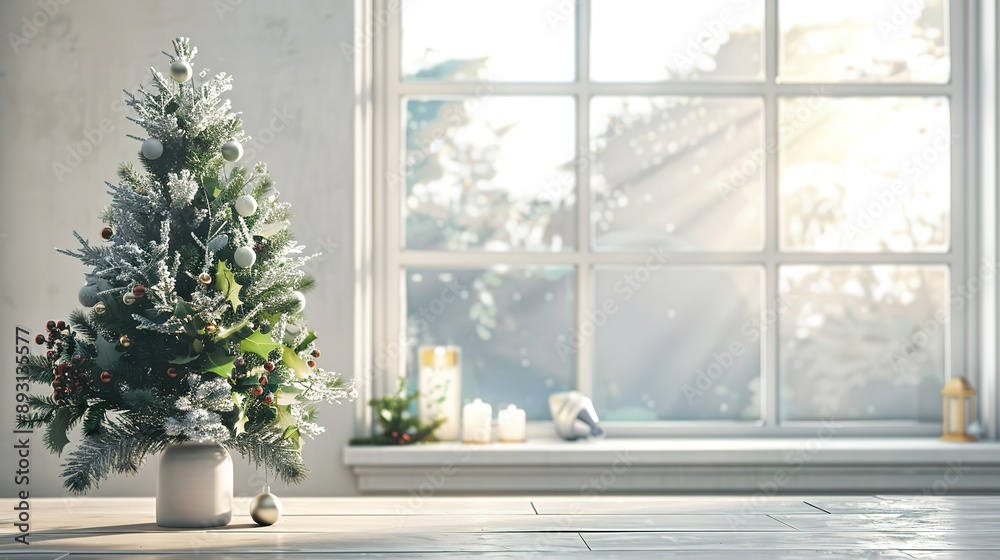 christmas tree in table and window. copy space for product display and mockup christmas tree in table and window. copy space for product display and mockup