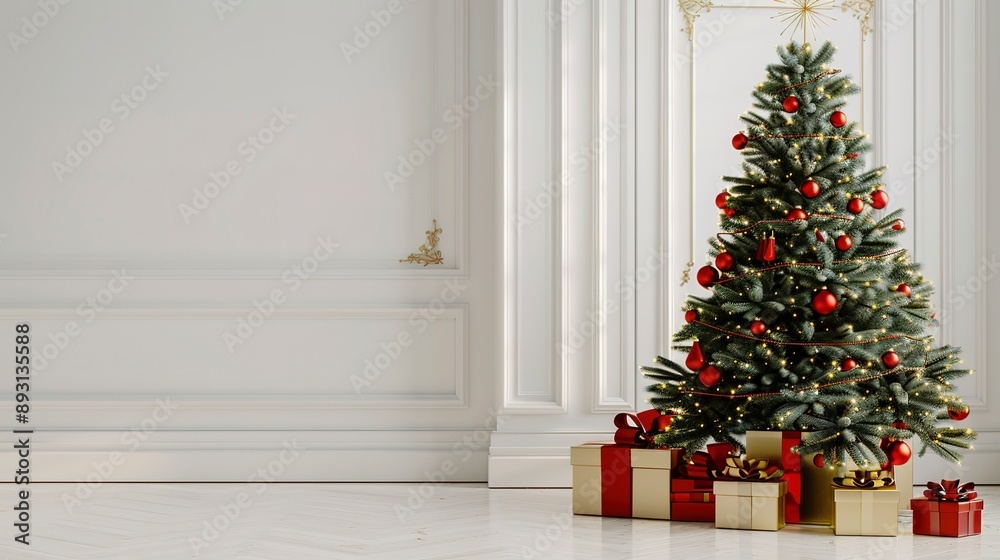Christmas tree and gift boxes in red and golden colors in light white room interior Christmas tree and gift boxes in red and golden colors in light white room interior