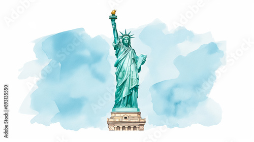 Watercolor drawing of the Statue of Liberty in New York iconic and detailed isolated on a white background 