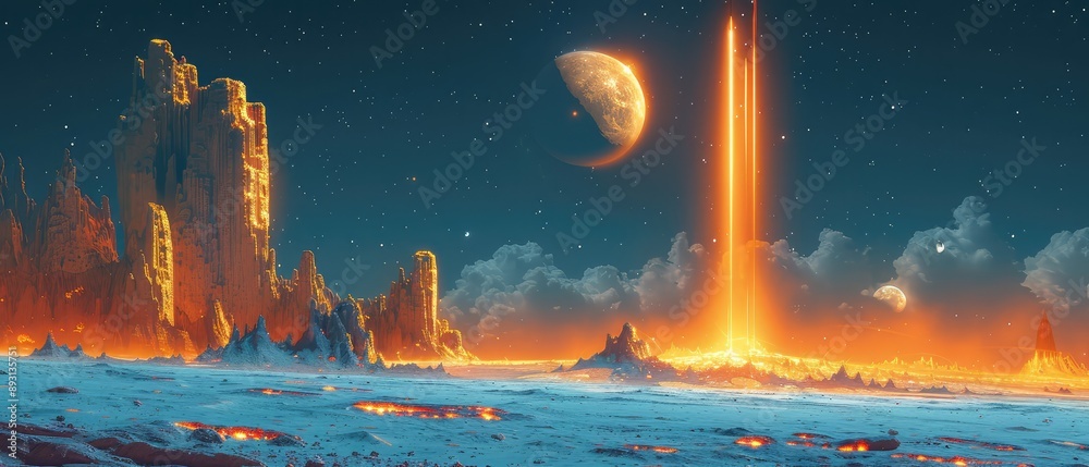 Naklejka premium Cosmic Glow: A Distant Planet's Fiery Landscape