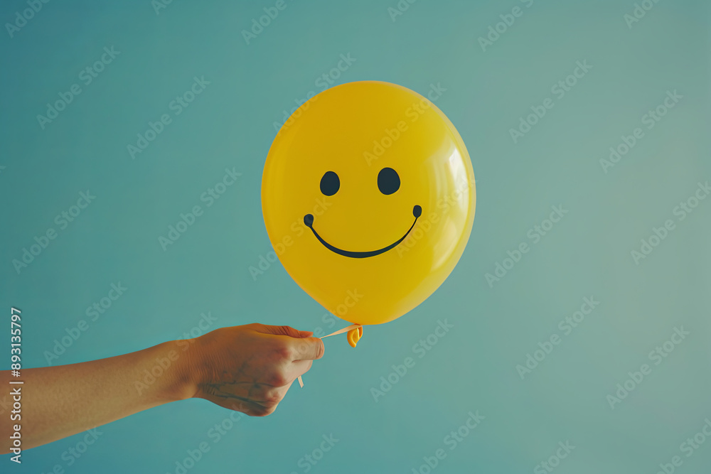 Happiness Day, Encouragement Concept. Happy and Optimistic Mind, Well Mental Health. Person giving a Smiling Balloon to another Happiness Day, Encouragement Concept. Happy and Optimistic Mind, Well Mental Health. Person giving a Smiling Balloon to another