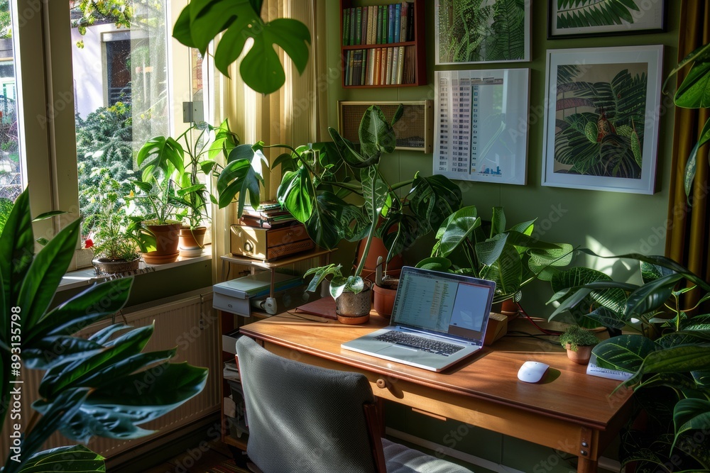 Interior of a cozy home office with a laptop and green plants. Interior of a cozy home office with a laptop and green plants.