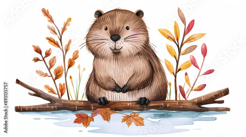 Watercolor illustration A beaver repairing its dam with autumn branches watercolor style natural colors isolated on gradient background  photo