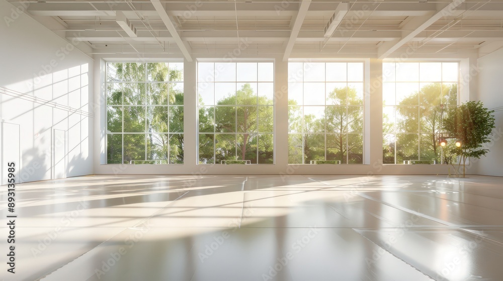 A bright dance hall with large windows and a minimalist design A bright dance hall with large windows and a minimalist design