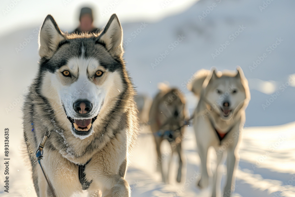 Man musher behind sleigh at sled dog race on snow in winter Man musher behind sleigh at sled dog race on snow in winter
