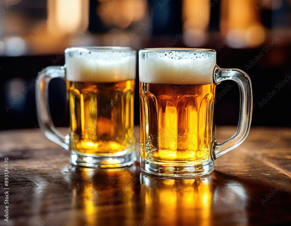 beer in mugs at the bar counter. beer in mugs at the bar counter.