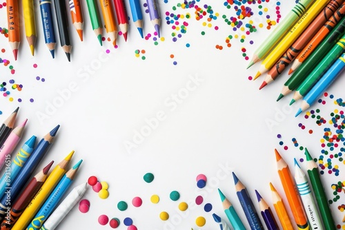 Vibrant kids party banner, top view of crayons and pencils on white, with space for text.