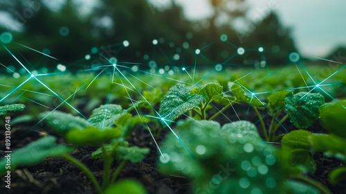 Modern farm utilizing blockchain for supply chain tracking, featuring floating data points over crops to illustrate technological advancements.