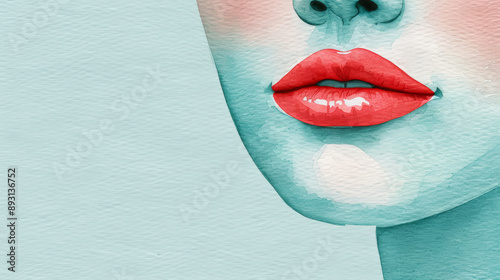 Watercolor illustration Closeup of a persons face with chapped lips and rosy cheeks cold autumn day watercolor style  photo