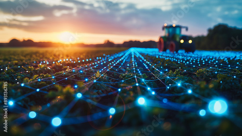Advanced farm setup with blockchain for supply chain management, data points hovering above crops, perfect for ag-tech designs.