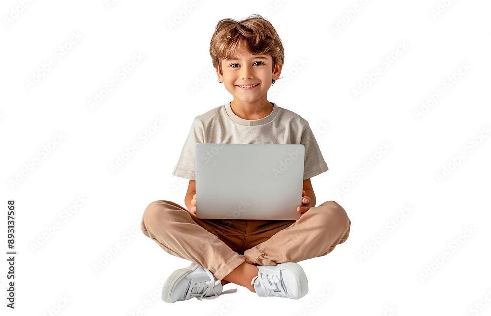 Smilling boy sitting on floor with laptop on white Smilling boy sitting on floor with laptop on white