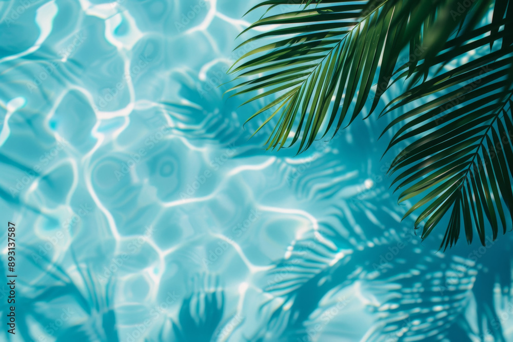 A blue water background with palm leaves and shadows in the pool, top view. summer vacation concept A blue water background with palm leaves and shadows in the pool, top view. summer vacation concept