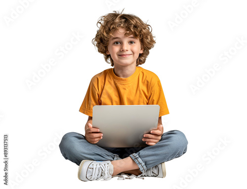 Boy sitting with laptop on white 

