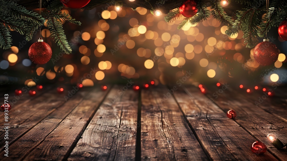 Empty wooden table with Christmas decorations background Empty wooden table with Christmas decorations background