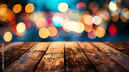 Blur bookeh ligh on background. Wooden table. Party decoration xmas christmas vibe. Graphic Art 