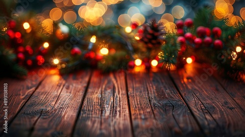 Blur bookeh ligh on background. Wooden table. Party decoration xmas christmas vibe. Graphic Art