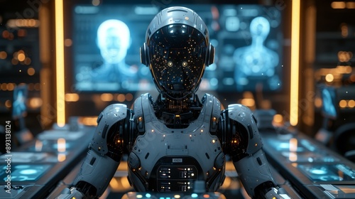 A Close up of a Robot Sitting in Front of a Bunch of Computer Screens - Generative AI