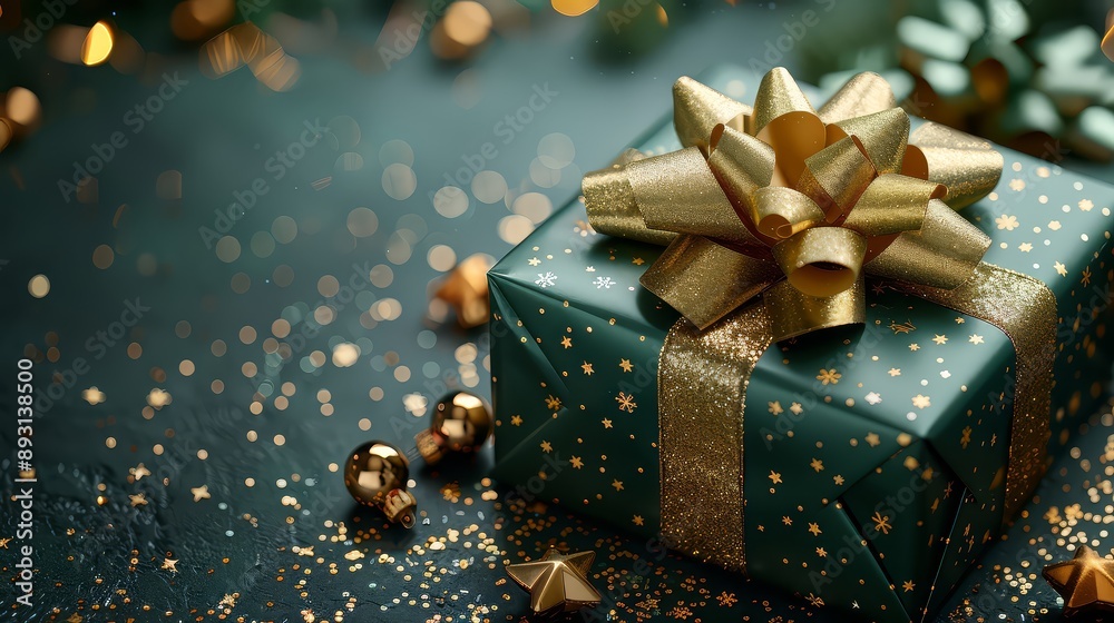Christmas banner. Realistic green gift boxes with golden bow, gold stars and glitter confetti. Xmas background, horizontal christmas poster, greeting cards, headers website. Christmas banner. Realistic green gift boxes with golden bow, gold stars and glitter confetti. Xmas background, horizontal christmas poster, greeting cards, headers website.