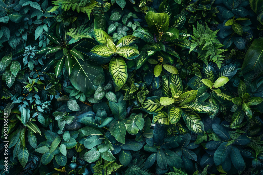 A wall of plants and greenery, viewed from above, with a dark background and vibrant green colors A wall of plants and greenery, viewed from above, with a dark background and vibrant green colors