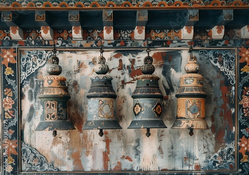 Photo of a Thangka painting style prayer bells hanging on the wall at The-tepil Monastery, a fantastical Dzong in Bumthang, one of Bhutan's most iconic landmarks. The bells are painted in white and bl photo