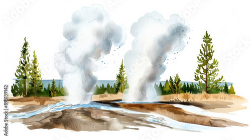 Watercolor illustration of Yellowstones Old Faithful geyser natural and dramatic isolated on a white background  photo