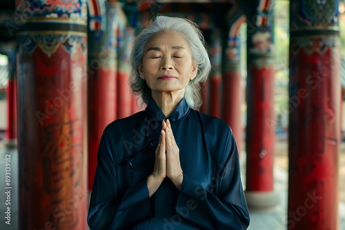 A Chinese female doctor in her fifties is praying with hands clasped together, dressed in dark blue professional attire and standing inside the temple hall of traditional architecture. She has gray ha photo