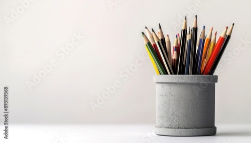 Studio-lit photorealistic stationery photo in grey pencil pot.