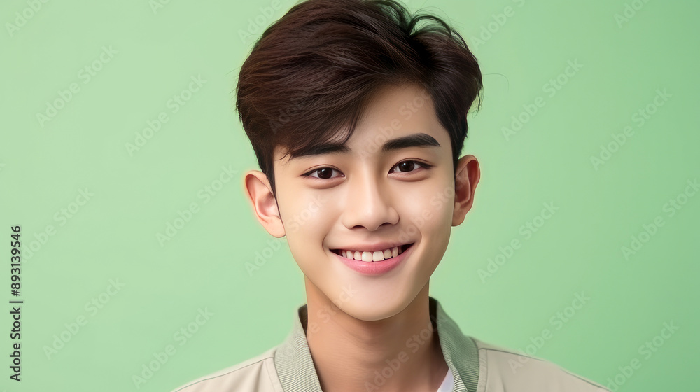 Fototapeta premium Portrait of a cute handsome happy Asian teenager guy with perfect skin, light green background, banner.