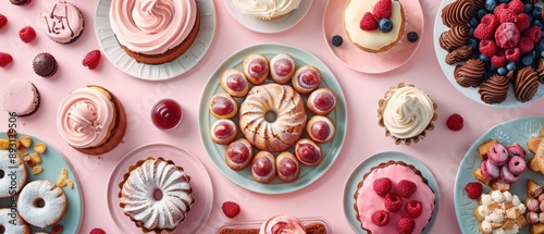 An elegant flat lay of a dessert spread on a pastel backdrop, including a mix of sweet treats like cakes, pastries, and cookies. The top view provides a visually appealing scene with sufficient space photo