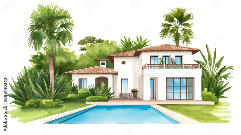 Watercolor illustration of a stylish residential villa with a pool and lush garden soft gradient background Watercolor illustration of a stylish residential villa with a pool and lush garden soft gradient background