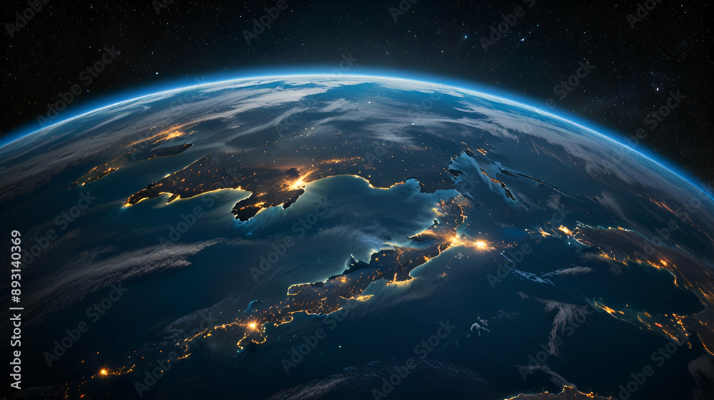 Fototapeta premium Discover Earth's Majesty: Blue Oceans and Clouds in the Starry Universe