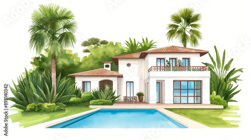 Watercolor illustration of a stylish residential villa with a pool and lush garden soft gradient background  © fotogurmespb